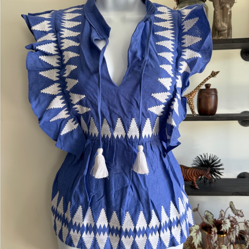 Marie Oliver Blue and White Ruffled Tie Front Blouse